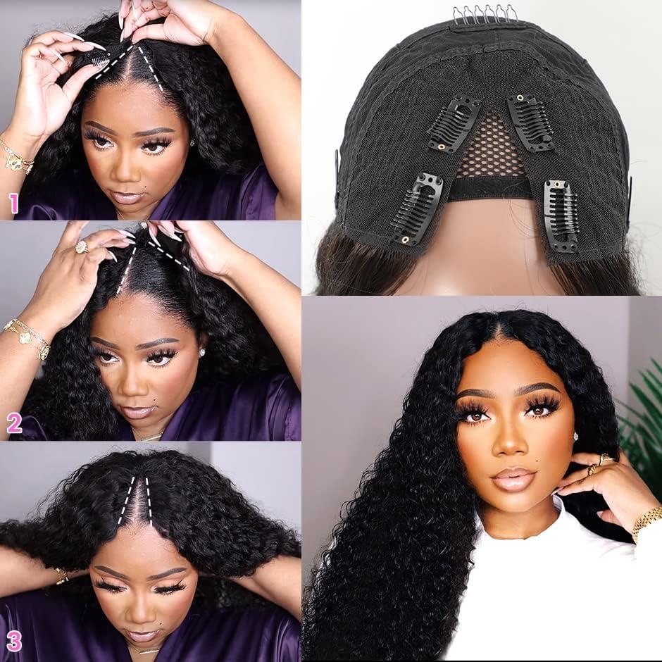 OLFORY OLFORY Curly V Part Wig Human Hair Wigs for Black Women Upgrade U Part Wig 12A Virgin Hair Curly Wig No Glue Kinky Curly Clip In Half Wig V Shape Wigs(22 inch, v-part-curly)