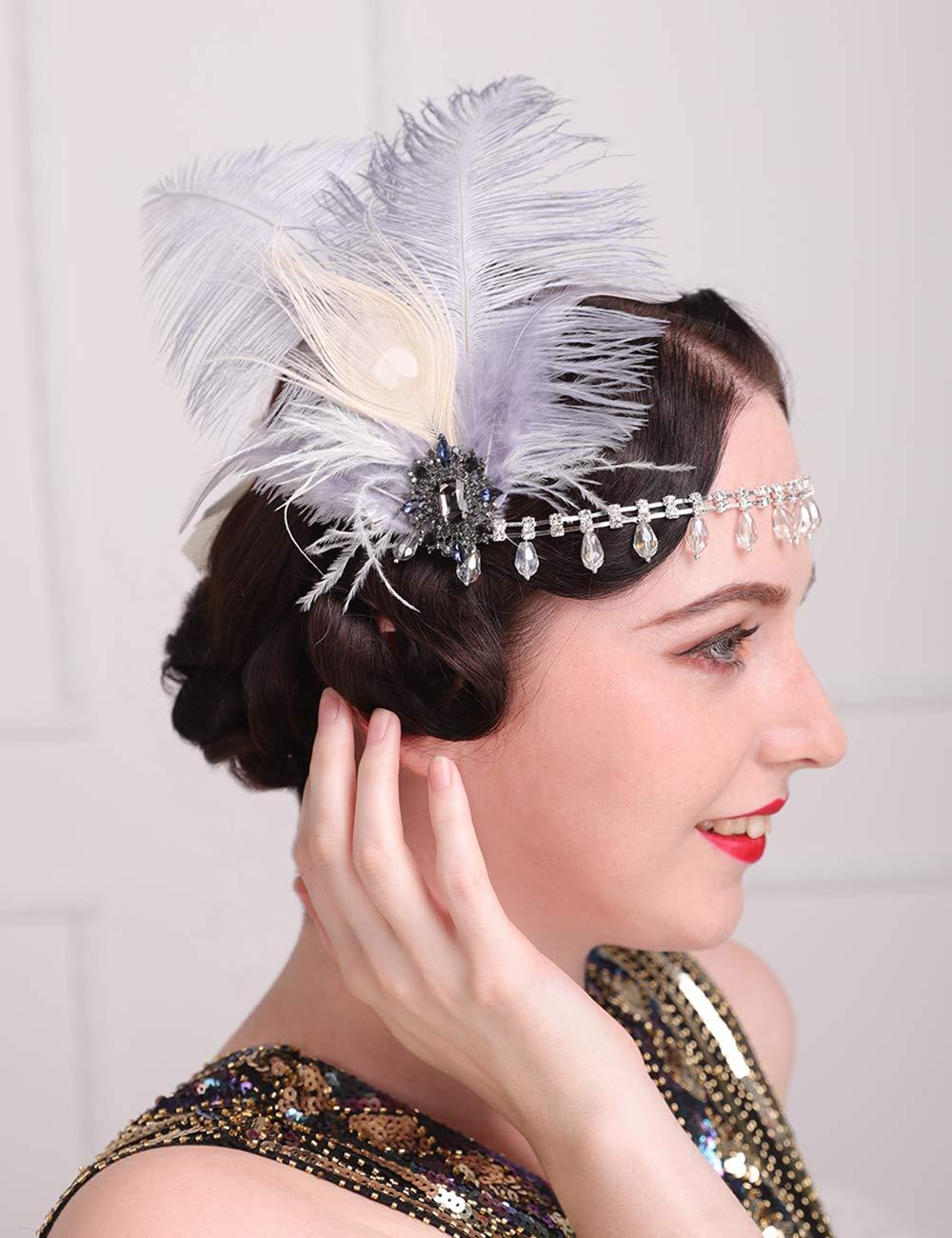 Aimimier Aimimier 1920s Flapper Feather Headband Gray Crystal Tassel Head Chain Headpiece Prom Party Roaring 20s Hair Accessory for Women (Style 1)