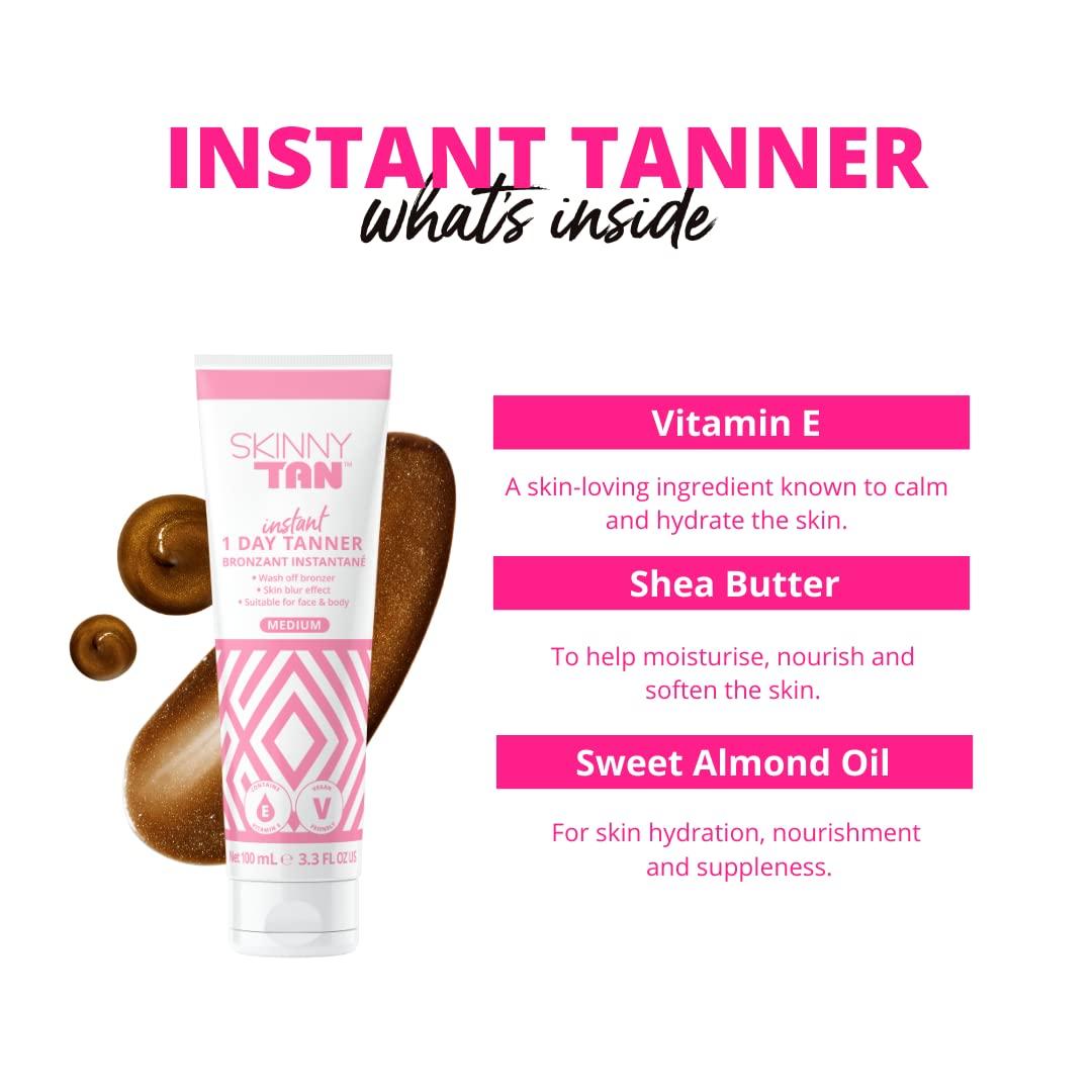Skinny Tan SkinnyTan 1 Day Instant Tanner - Self Tanning Lotion for Face and Body - Skin-Perfecting Coverage with Delicious Scent - Easy Rinse - Medium - 3.3 oz