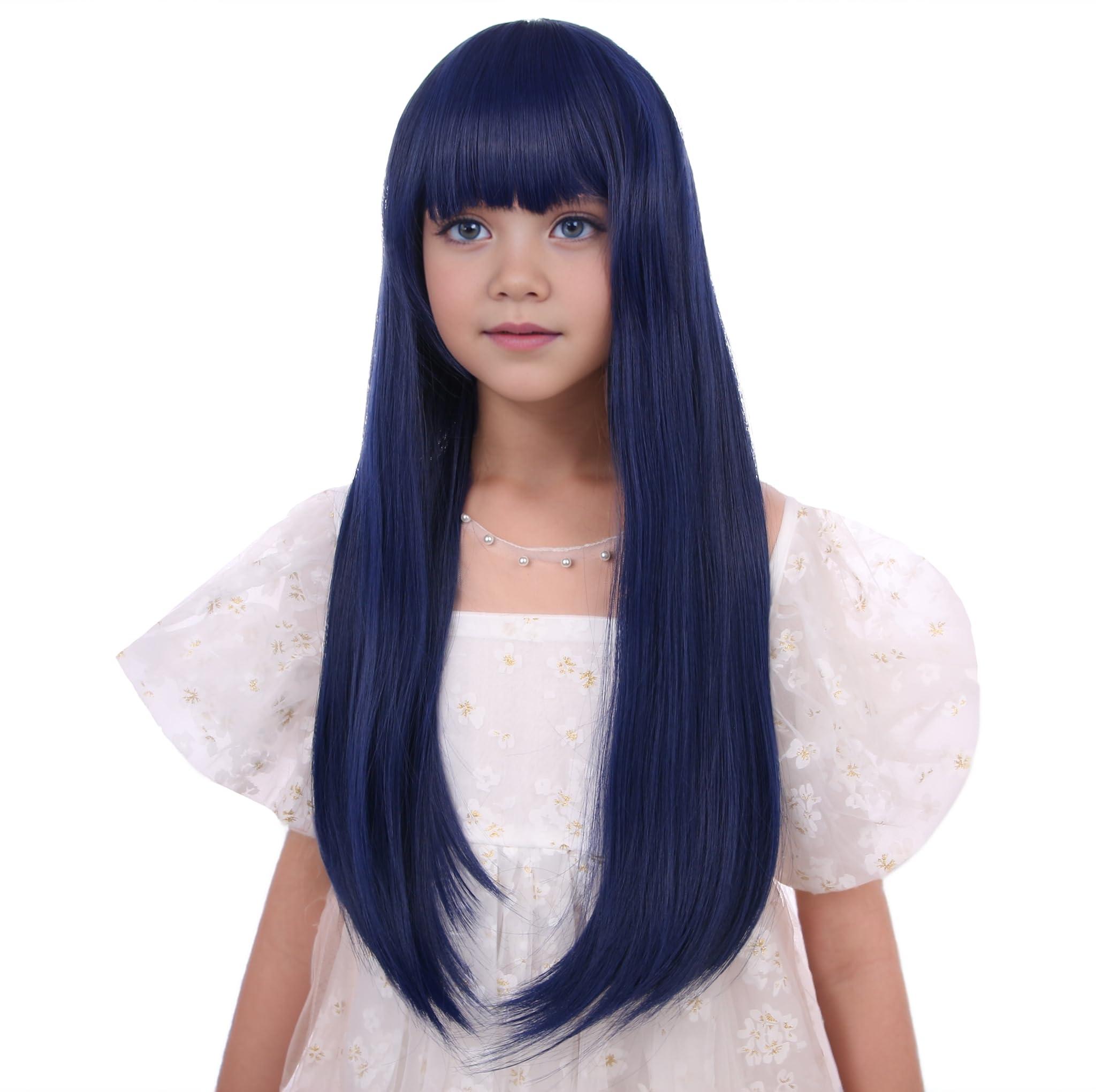 Edivd Edivd Dark Blue Wig for Kids Long Navy Blue Wig with Air Bangs for Girls Child Long Blue Straight Wig Heat Resistant Synthetic Wig with Wig Cap
