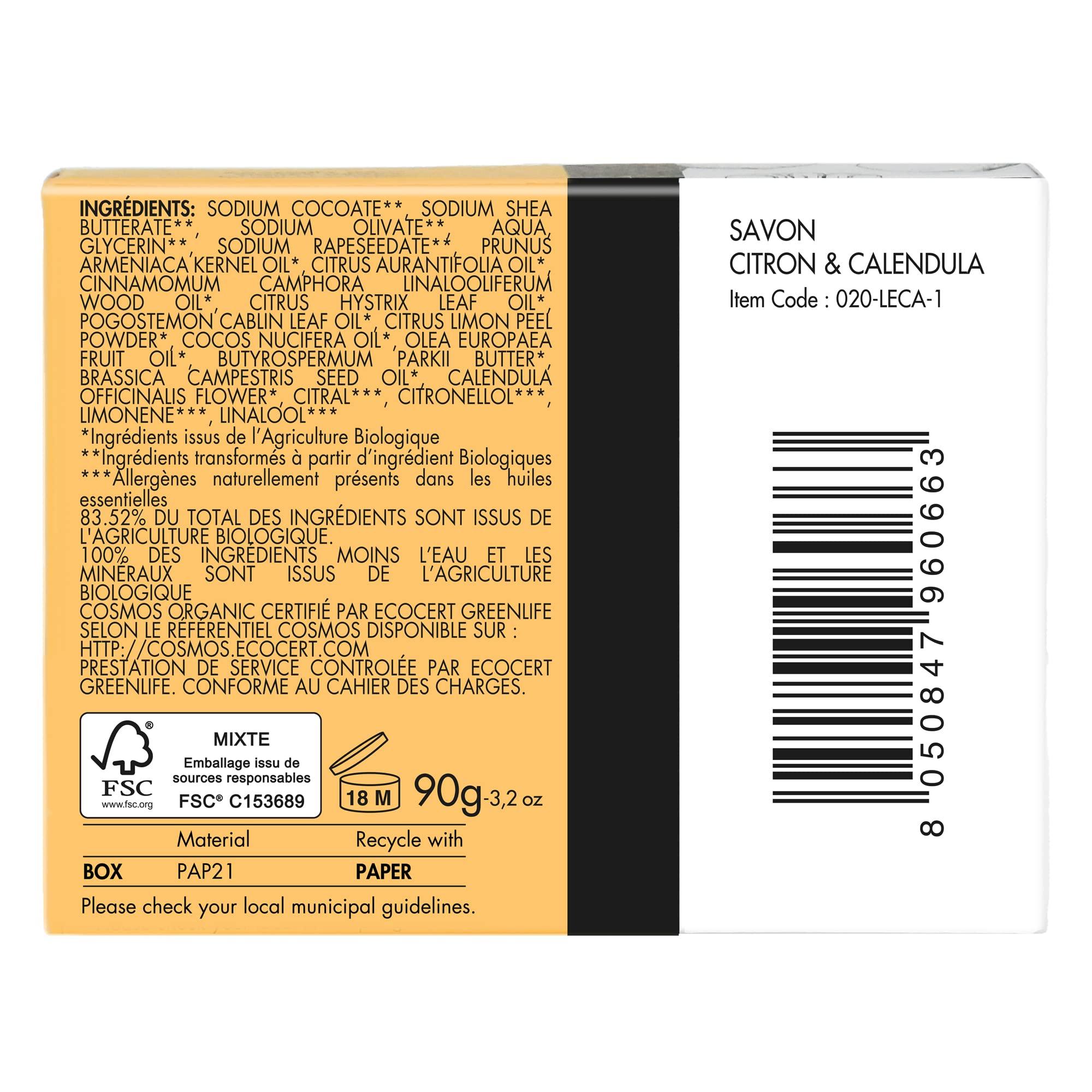 CRIN DE FLEUR CRIN DE FLEUR - Organic Lemon and Calendula Soap, French Artisan Soap Handcrafted in South France, 3.2 oz