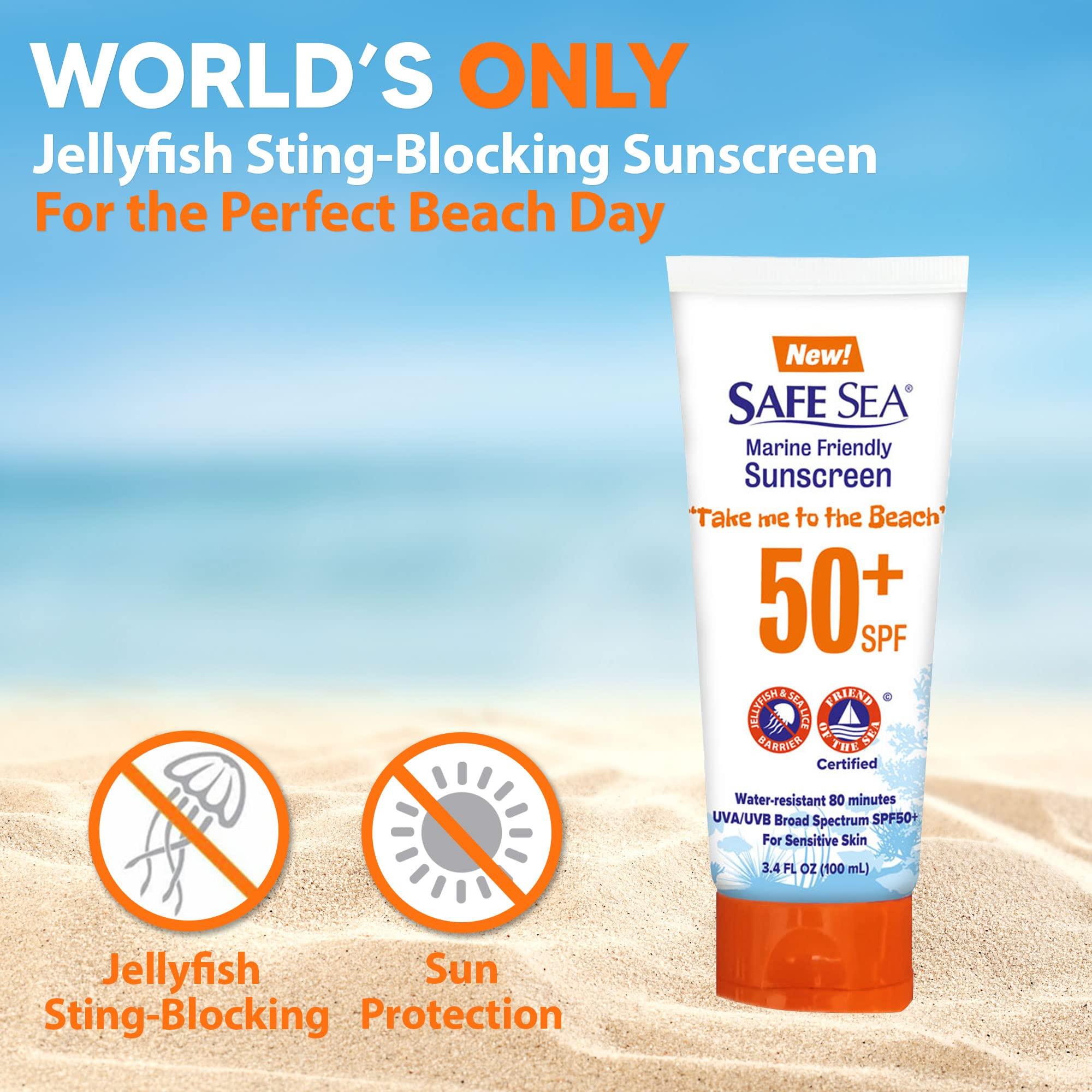 SAFE SEA SAFE SEA Jellyfish Sting-Blocking Sunscreen, SPF 50+ travel Size Lotion, Waterproof, Biodegradable, Coral Reef-Safe – Body and Face Sunscreen, Anti-Jellyfish and Sea-Lice sting protection (Tube 3.4 oz