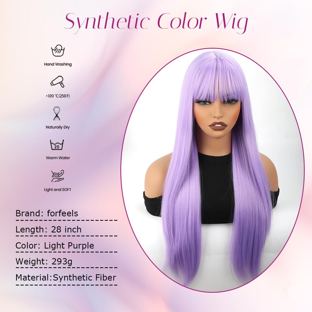 forfeels forfeels Light Purple Wig With Bangs Long Straight Synthetic Wigs For Women 28 Inch Cosplay Wig Synthetic Wig With Bangs Light Purple Synthetic Hair For Halloween And Party