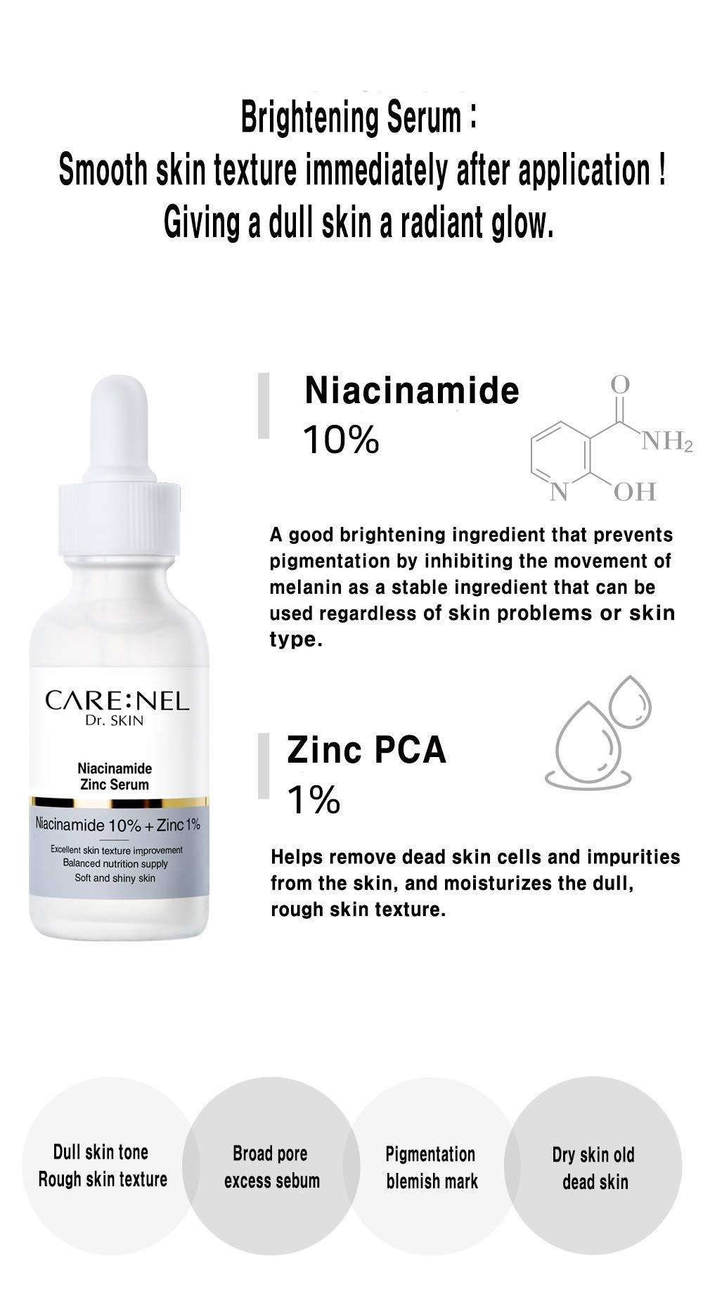 CARE:NEL Korean Skin Care Serum Vitamin B, C Serum for Face - Niacinamide 10% Zinc 1% - K Beauty Hydrating Facial Serum - 1fl.oz.(30ml)