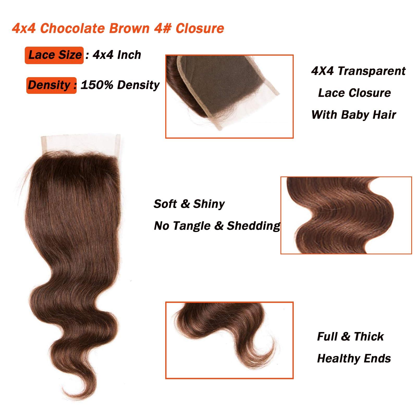 KAFEIER Chocolate Brown 4# Closure 4x4 Free Part Body Wave Closure Brazilian Human Hair Extensions Preplucked Bleached Knots Sew In Weave Virgin Hair Lace Front Closure For Women Wet And Wavy 20 Inch