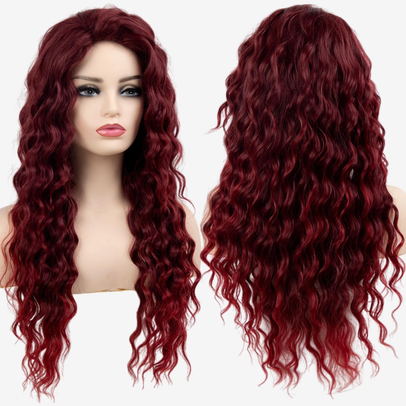 Fencca Fencca Burgundy Long Curly Wigs for Women Heat Synthetic Wig Wine Red Wavy Long Curly Hair Wig