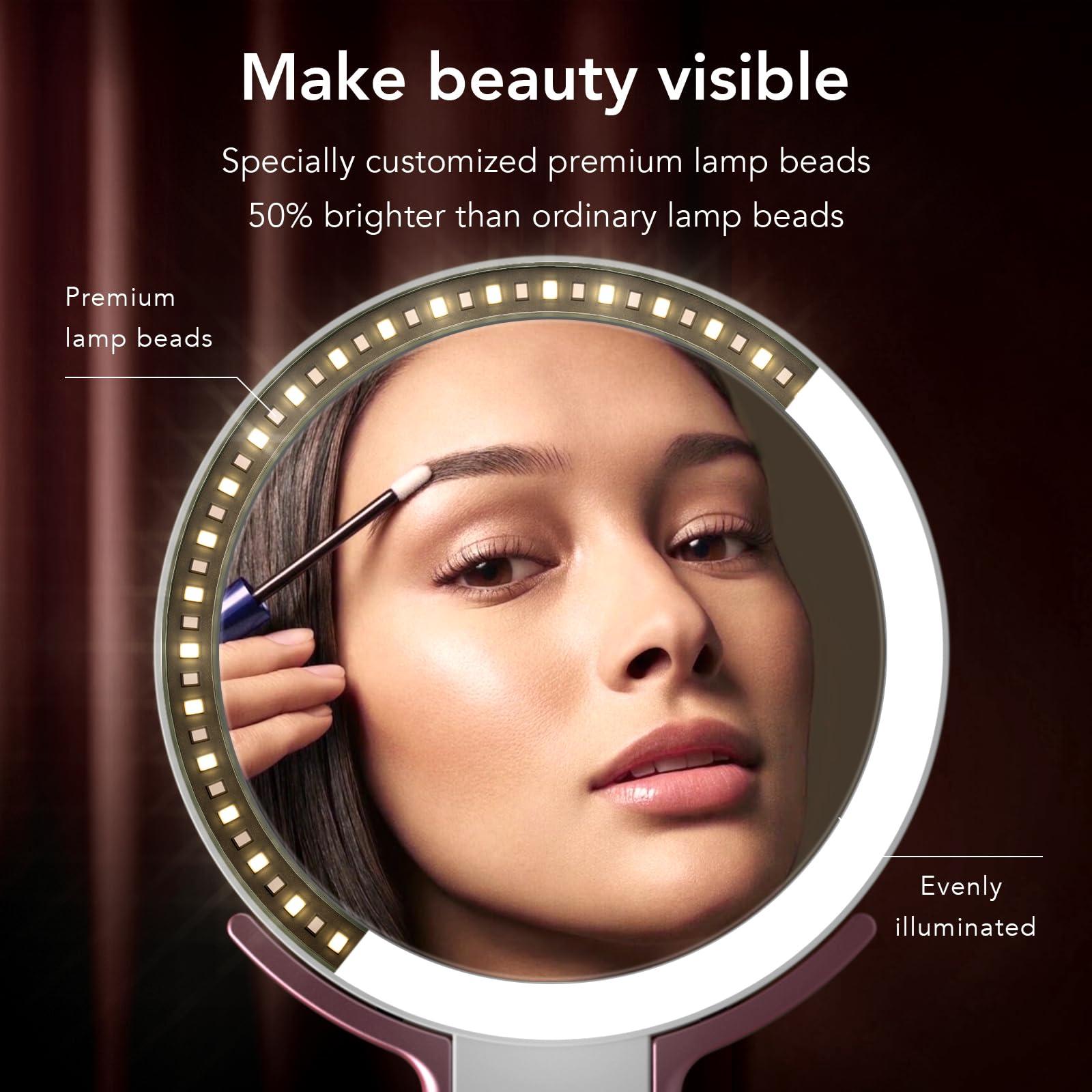 LitBear LitBear Travel Makeup Mirror with Lights, Rechargeable Double-Sided 10X/1X Magnifying Mirror, Portable Lighted Beauty Mirror, 3 Color Lighting, Dimmable Touch Screen, Tabletop Handhold Hanging (White)