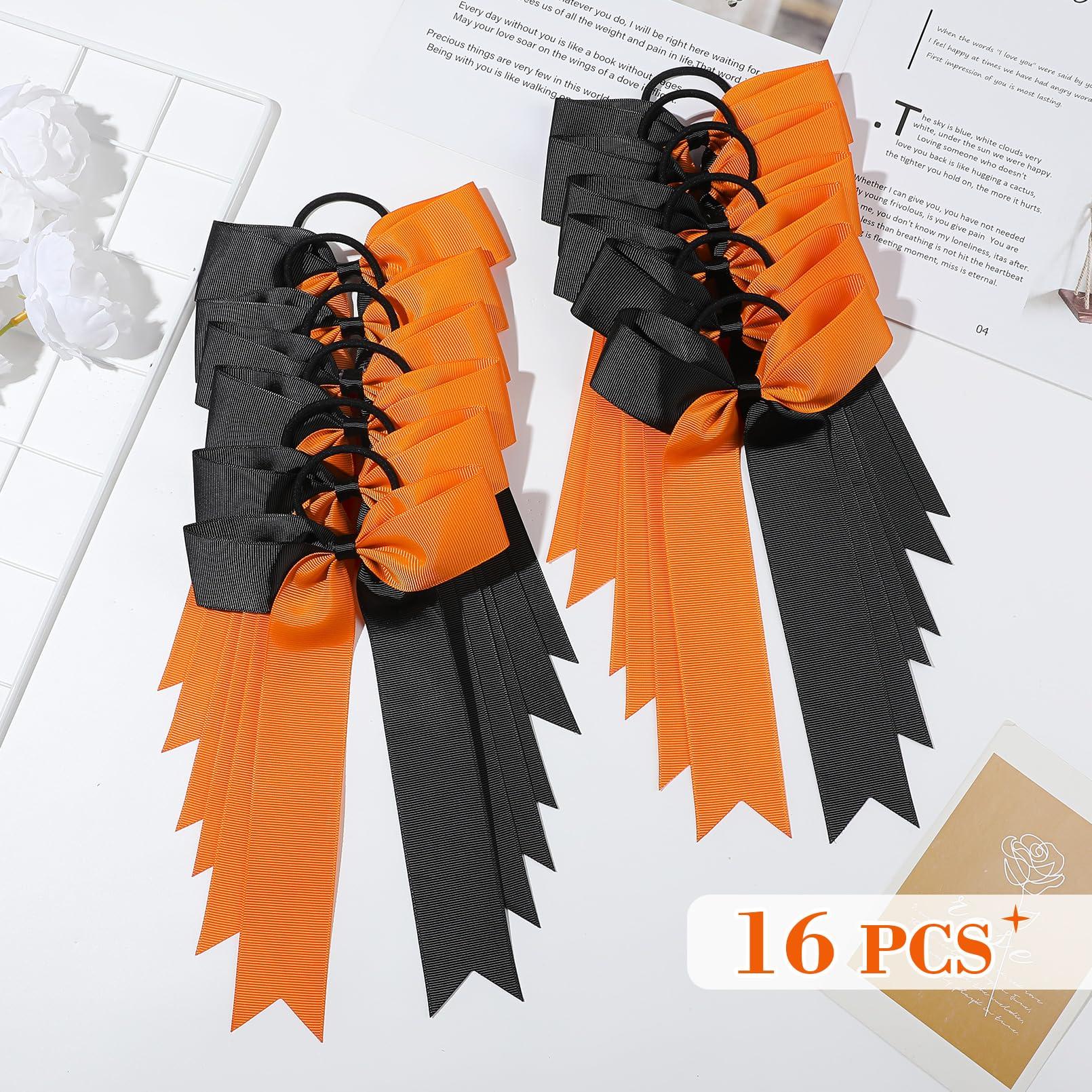 DEEKA DEEKA 16 PCS Collegiate Style Ponytail Holders - Long Tail Skinny Handmade Bows for Girls, Teens, Softball, Cheerleaders - Orange/Black