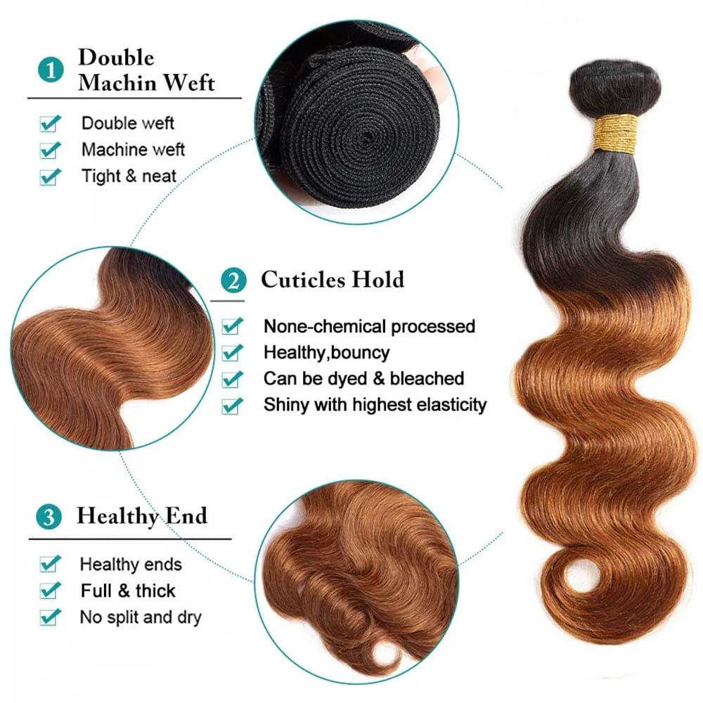 Niciitysi 26 28 30 inch Brown Human Hair Bundles 1B30 Brown Body Wave Bundles Two Tone Brazilan Black Root To Brown Bundles Human Hair Weave Virgin Remy Hair Extensions Double Weft 1B/30 Bundles Human Hair