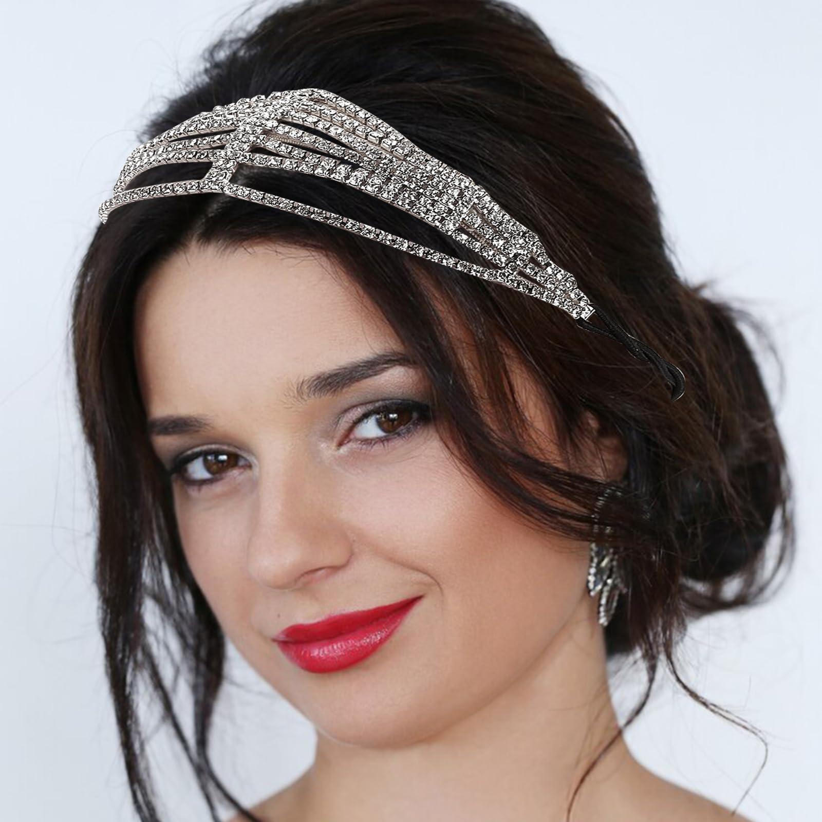 NICENEEDED NICENEEDED 2Pcs Multi Layered Elastic Headband with Rhinestone, Stretchable Gold Silver Headpiece, Bling Crystal Stretchy Jewelry Hair Bands Accessories for Women