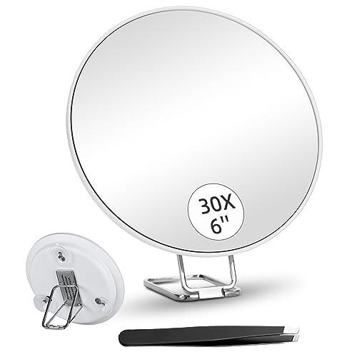 Suupvaor 6inch 30X Magnifying Mirror with Stand & Suction Cups, Large Travel Magnified Mirror 30 x High Magnification Makeup Mirror for Handheld Table Wall-Mounted Use, 30x Travel Magnifying Mirror & Tweezers