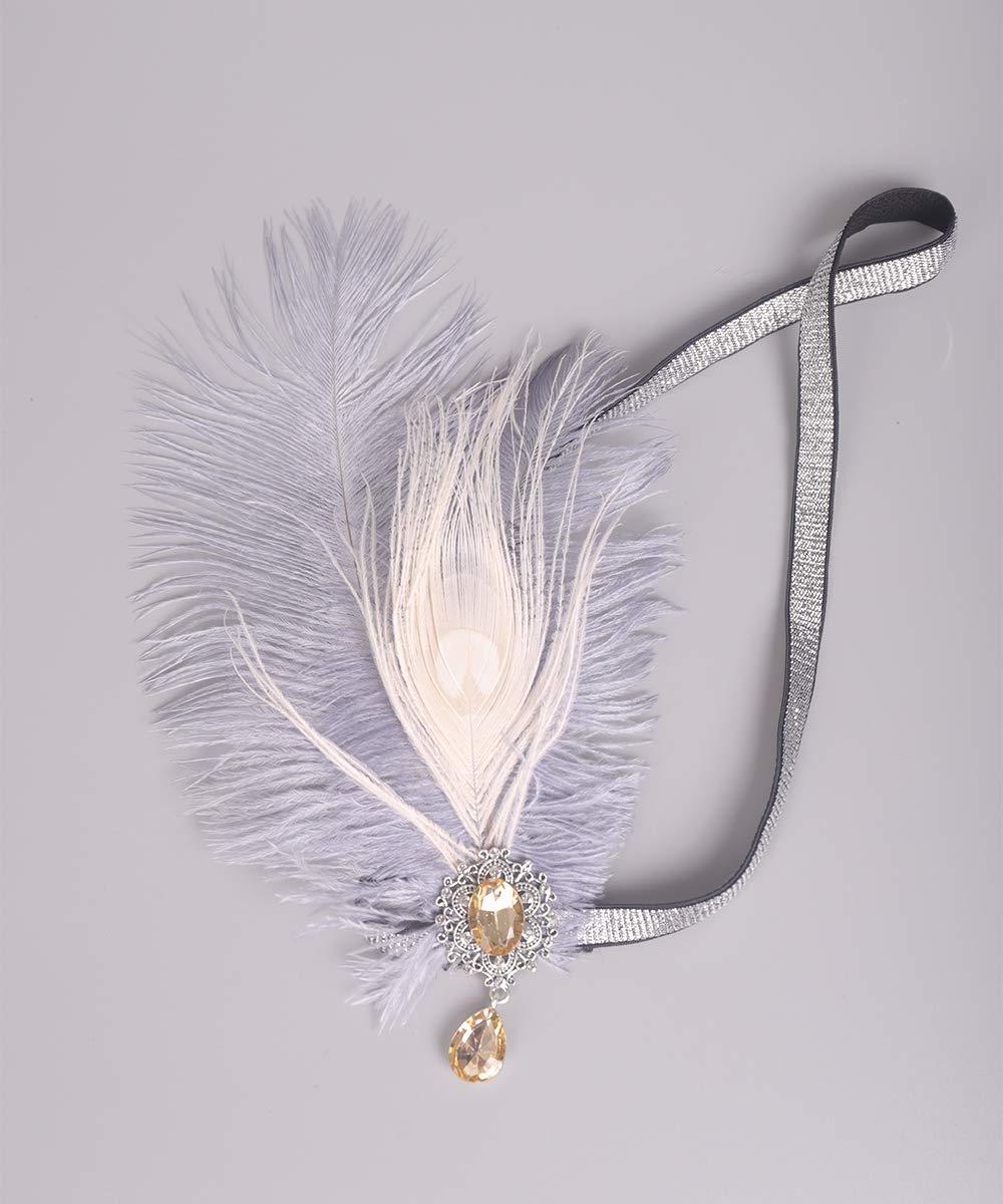 Aimimier Aimimier 1920s Flapper Peacock Feather Headband Gray with Elastic Band Crystal Teardrop Costume Themed Party Feather Headpiece Hair Accessories for Women