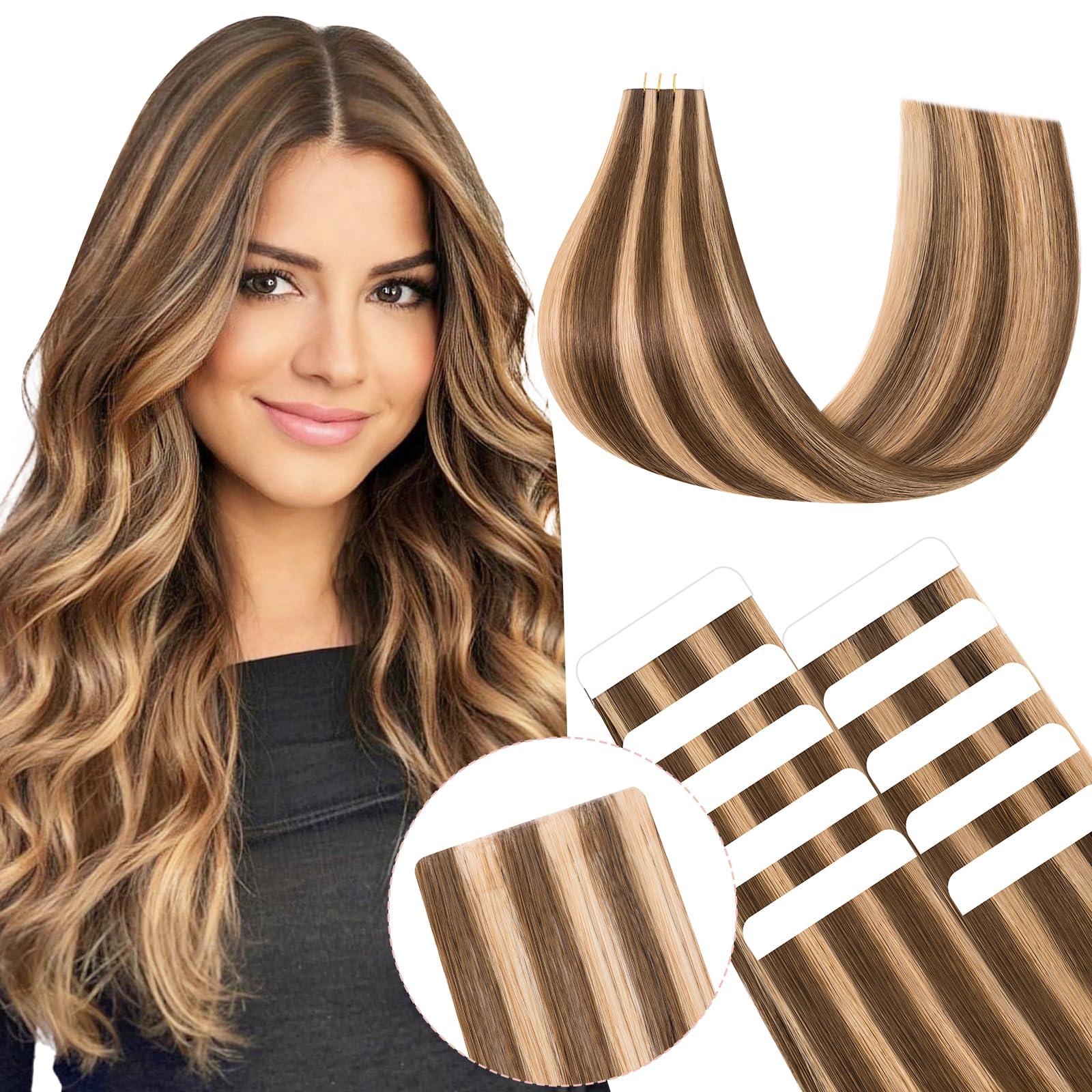 SEGO Pro SEGO Pro 10pcs Injection Tape in Hair Extensions Human Hair Straight Injected Tape in Hair Extensions Seamless Tape in Hair Extensions Insert Hair,12inch Medium Brown mixed Dark Blonde,20g/pack