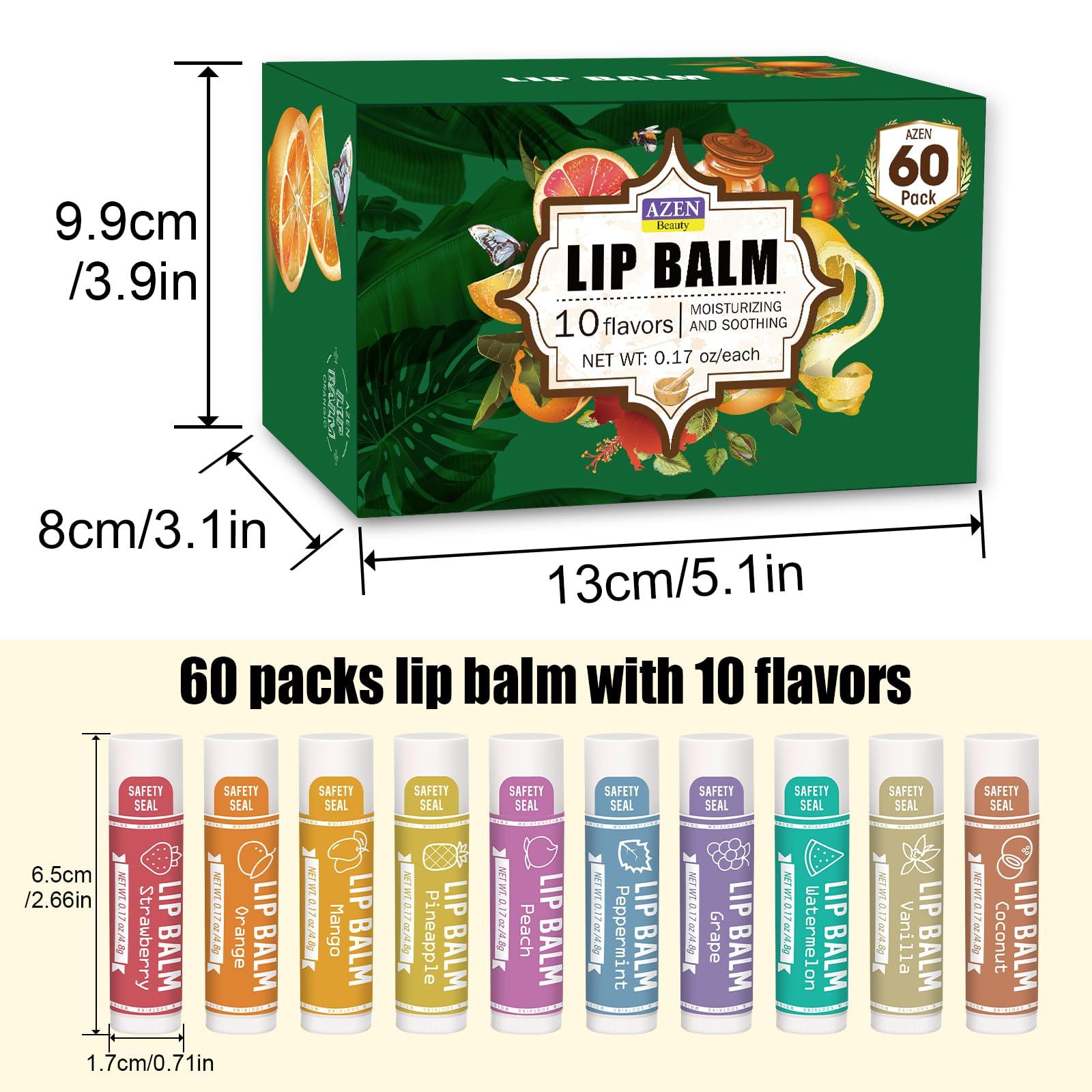 AZEN AZEN 60 Pack Lip Balm, Natural Lip Balm Bulk, Lip Care Product, Moisturizing Lip Balm for dry cracked lips - 10 Flavors