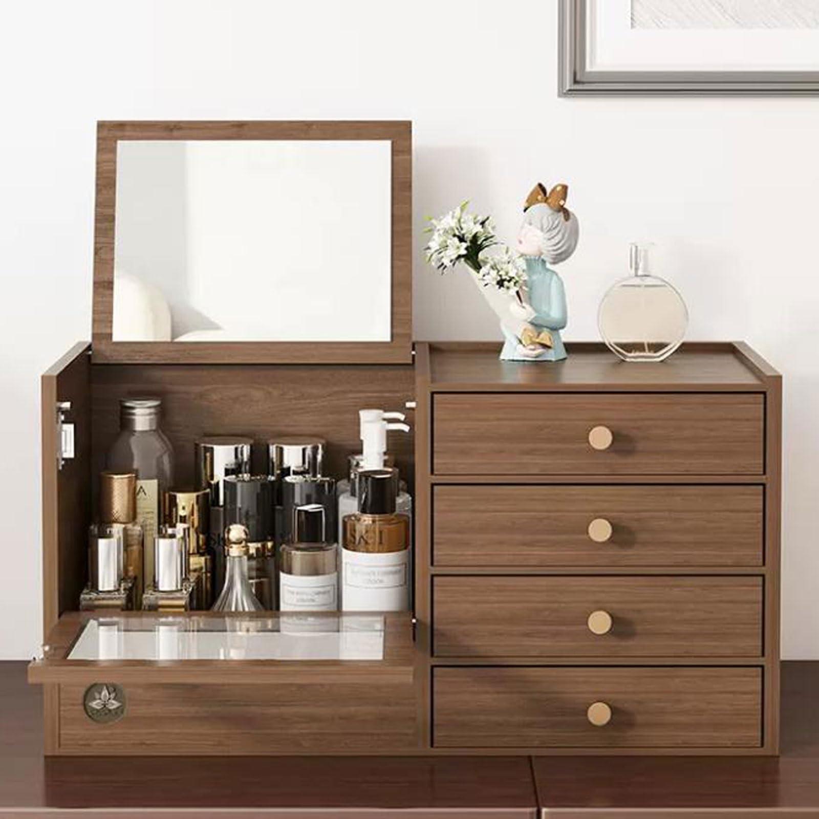 SGUM-SR Makeup Storage Organizer Wooden Makeup Organizer with 4 Drawers and Built-in Mirror, Sturdy Solid Wood Storage Box for Makeup, Accessories, Jewelry and More, Compact Dressing Table Organizer Cosmetics