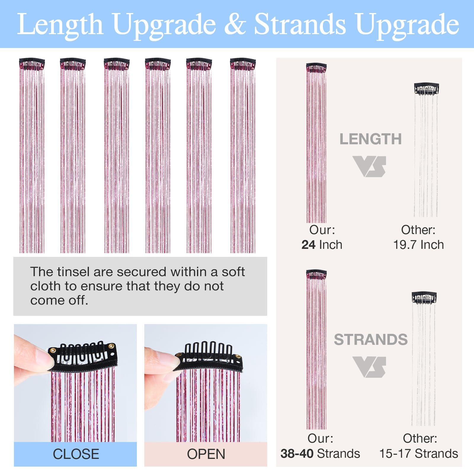 DOORES DOORES Hair Tinsel Kit 6 Pcs Tinsel Hair Extensions, 24 Inch Fairy Hair Accessories Dazzle Hair Sparkle Strands Shiny Glitter Hair Extensions Pink Hair Clip ins Hair Tinsel Kit for Girls (Pink)