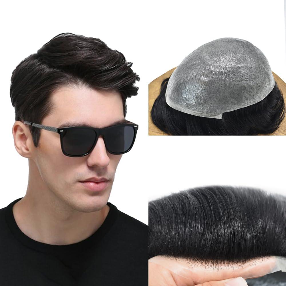 F M FACE MIRACLE NEW YORK F M FACE MIRACLE NEW YORK Mens Toupee Hair System For Men 0.06mm Super Thin Skin V-looped Mens Hair Replacement System Natural Hairline Toupee For Men Poly Skin8 X10#1B Off Black-100% density