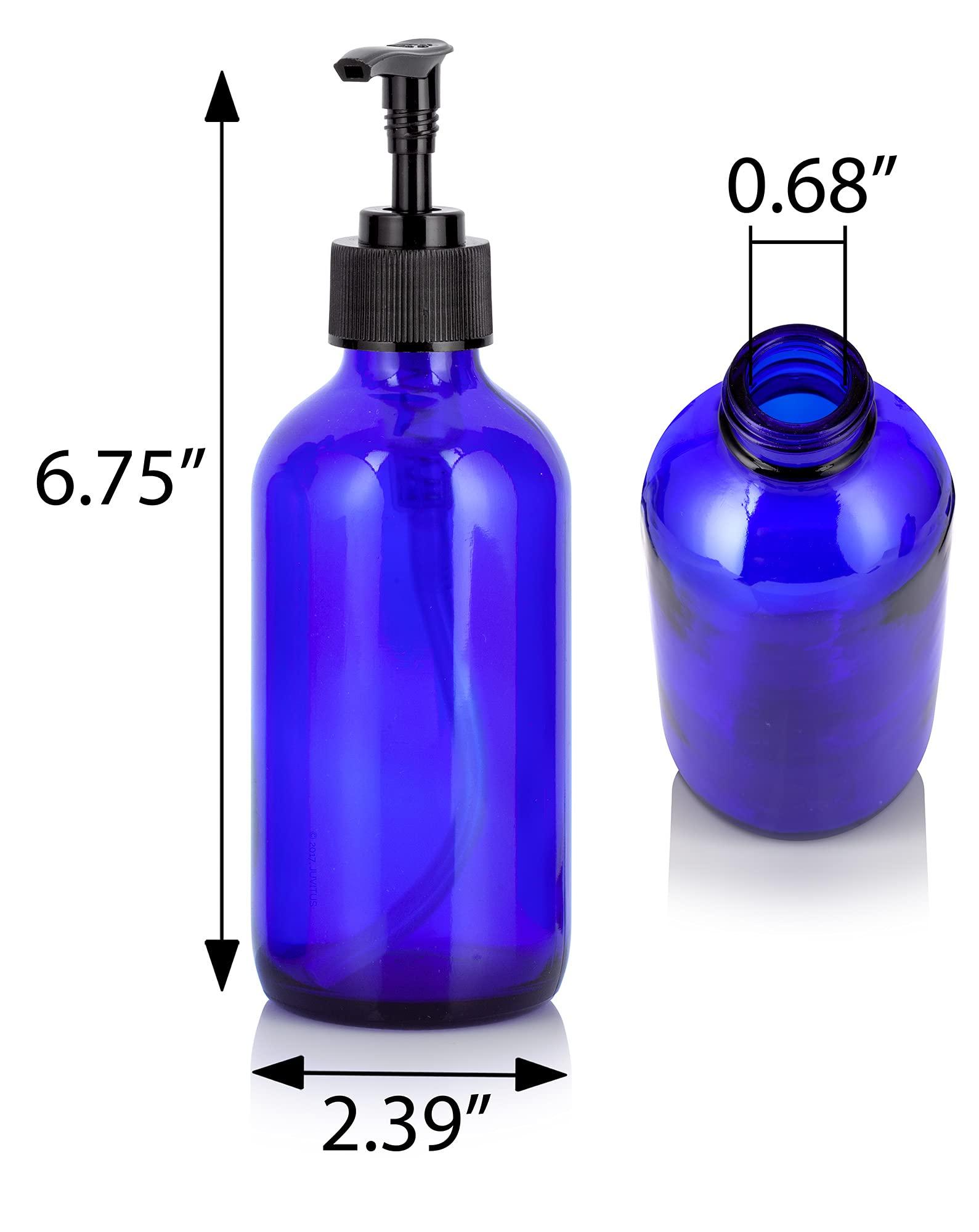 JUVITUS JUVITUS 8 oz Cobalt Blue Boston Round Glass Bottles with Black Lotion Pump (4 pack) + Travel Foamer Bottle