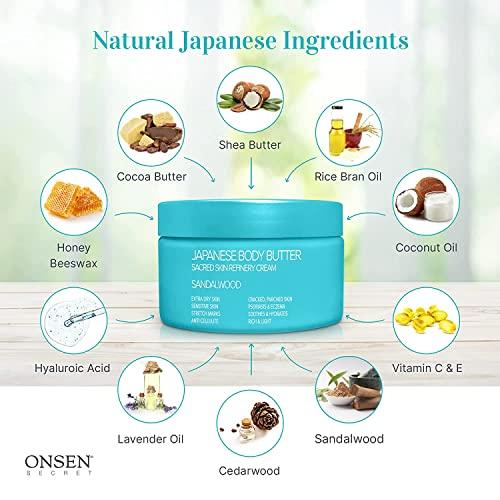 Onsen Secret Onsen Japanese Body Butter for Women - Skin Refinery Cream Natural and Organic Shea Butter Moisturizing Clear Skin Exfoliator with Coconut Oil and Vitamin E - 8.6 fl oz / 255 ml (Sandalwood)