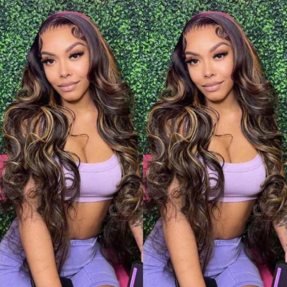 KLAIYI KLAIYI Ombre Brown Highlight Body Wave Human Hair Extensions 3 Bundles of 14 16 18Inch Balayage Honey Blonde Virgin Hair Weaves for Women Double Wefts Wavy Remy Hair with Dark Roots Sew In Piano Color