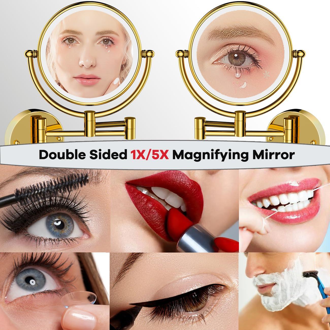 RECKODOR RECKODOR Wall Mount Magnifying Mirror with Light for Bathroom Makeup Mirror Wall Mounted Vanity Mirror Gold, 1/5X 2 Sided Extension Personal Wall-Mounted Mirror for Make-up Shaving, Hardwired