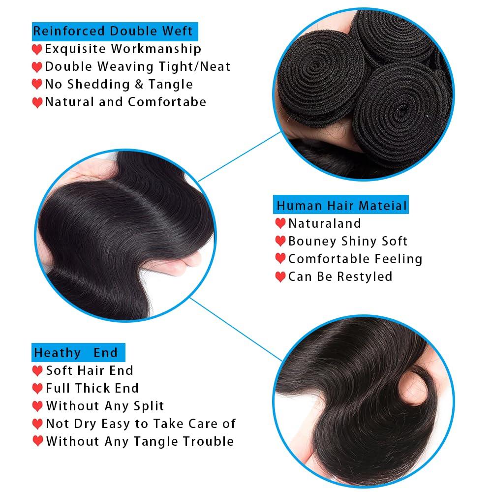 FULLYOUG 14 Inch Bundles Human Hair Body Wave Bundles Human hair 100% Brazilian Bundels Human Hair Natural Black Wavy Bundels Human Hair Quick Weave Bundles Human Hair Real Hair Extensions for Women