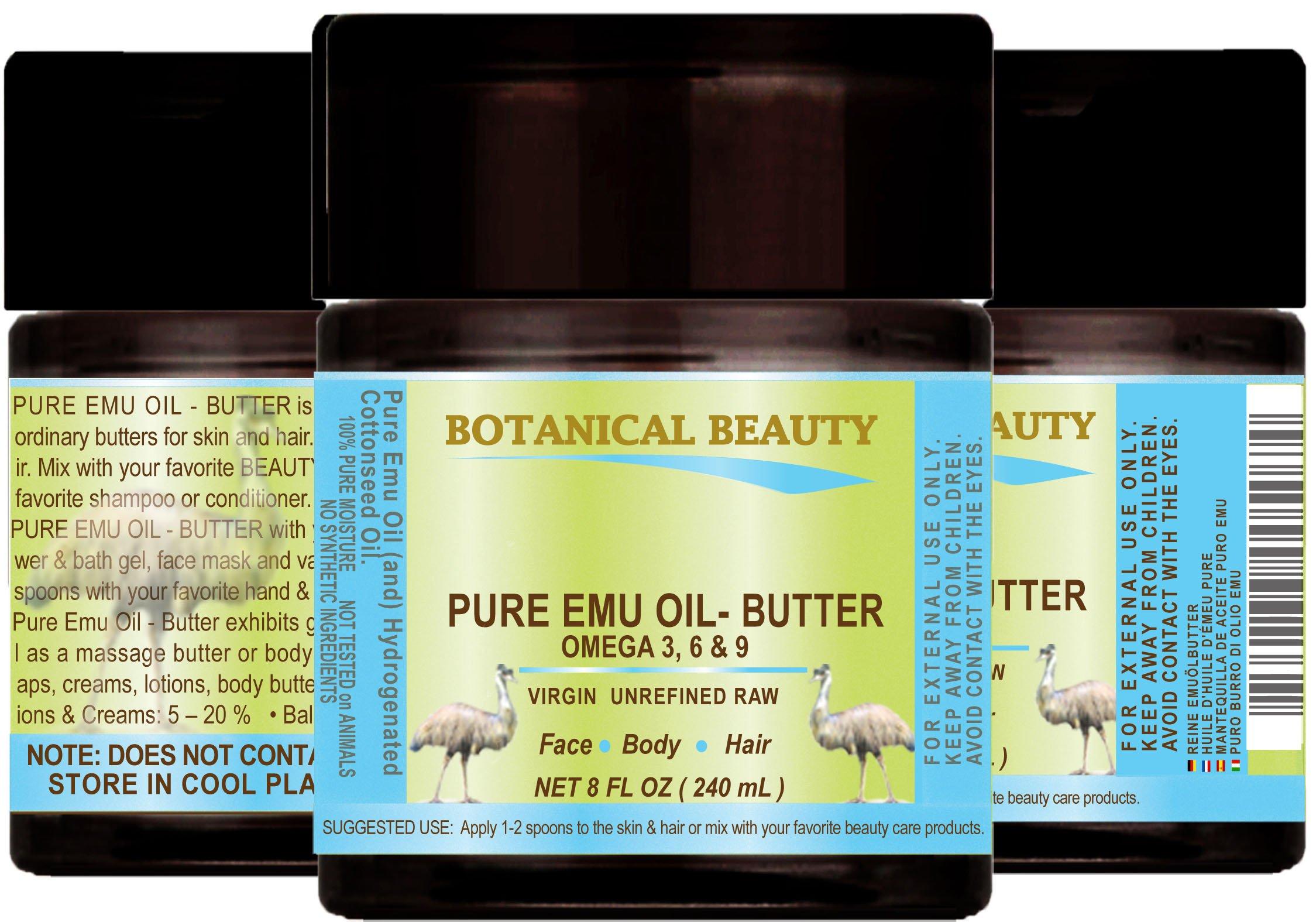Botanical Beauty PURE EMU OIL BUTTER 100% Natural RAW VIRGIN UNREFINED for FACE, BODY, HANDS, FEET, NAILS, HAIR and LIP CARE 8 Fl. oz. - 240 ml by Botanical Beauty