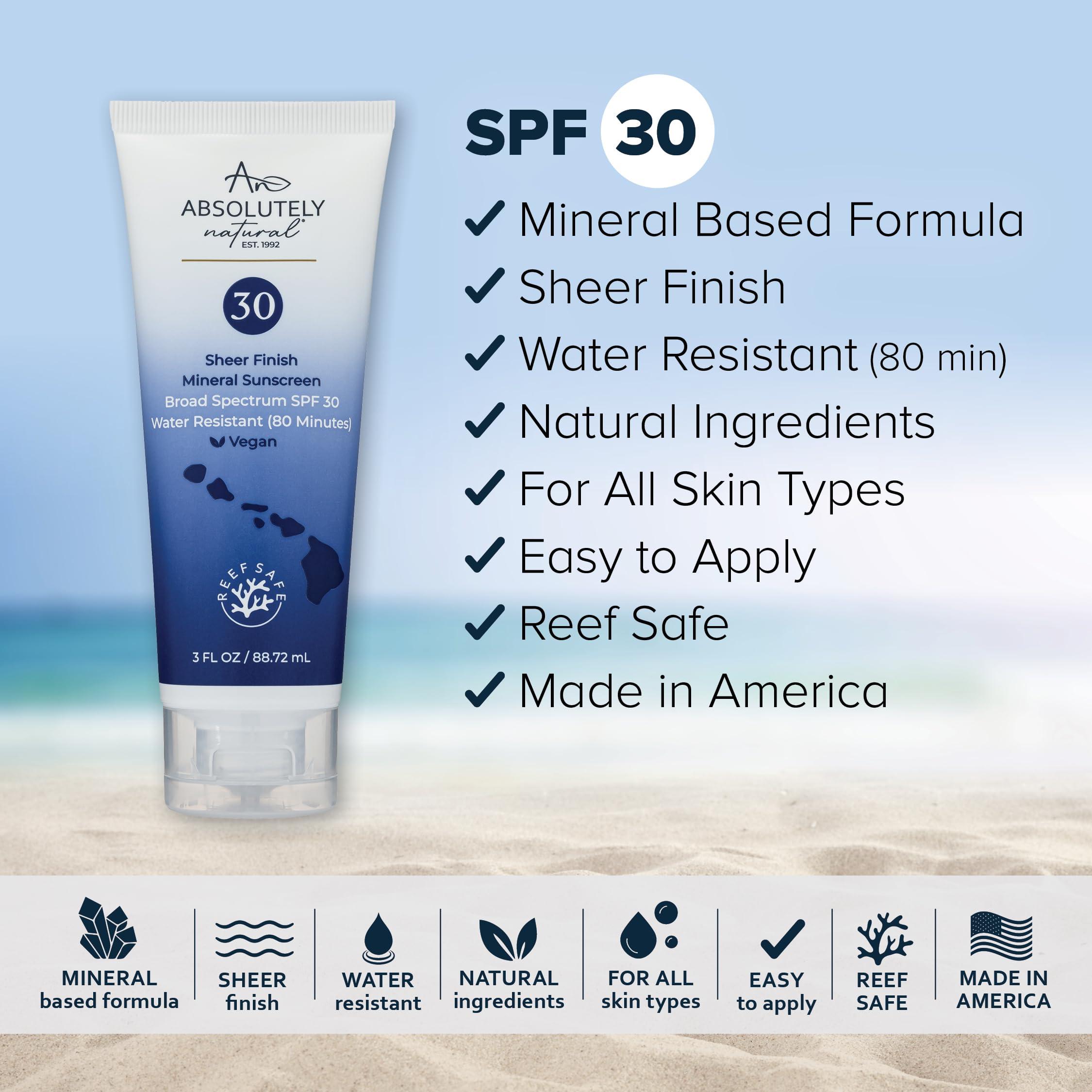 Absolutely Natural Absolutely Natural - SPF 30 Mineral Sunscreen - Broad Spectrum Water Resistant Moisturizer Lotion For Body & Face - With Non-Nano Zinc Oxide, Vitamin E, & Antioxidants - Made in USA, 3 Oz