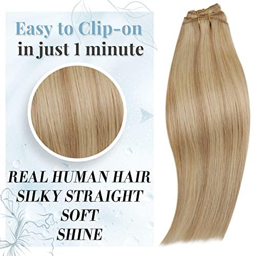 RUNATURE Buy Together Save More: #16p24 Light Blonde Mix Dark Blonde Ponytail Extension Human Hair 14Inch 70g and Clip in Hair Extensions 14Inch 80g (Total 2 Packs)
