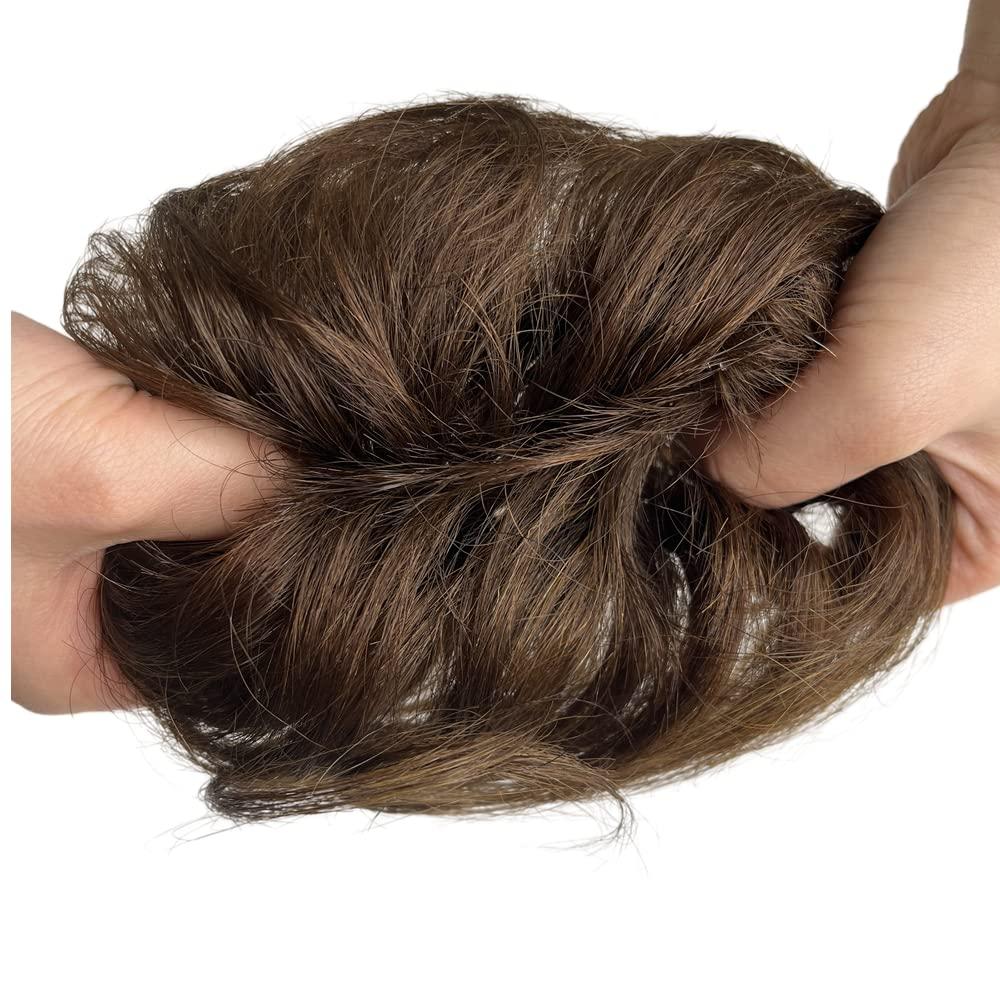AYunhe 100% Human Hair Messy Bun Extension Tail, Messy Hair Bun Hair Scrunchies Extension with Fringe Curly Wavy Chignon for Women Wedding Tousled Updo Hairpiece (Dark Brown)