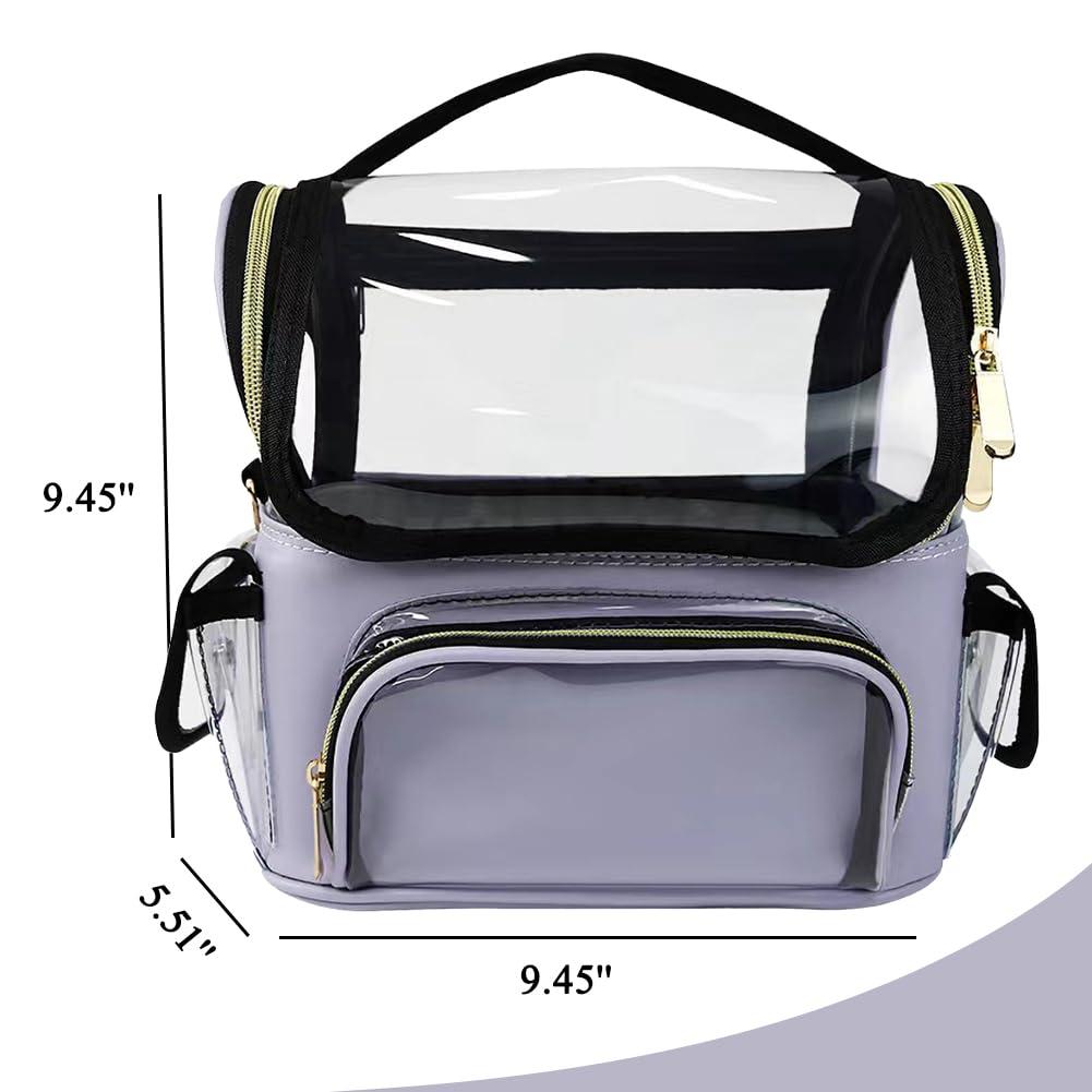 OEIPSMK OEIPSMK Makeup Brush Case, Clear Makeup Organizer Bag with Pockets Transparent Professional Makeup Bag Makeup Travel Makeup Artist Bag with Shoulder Strap and Adjustable Dividers, Black, Light Purple