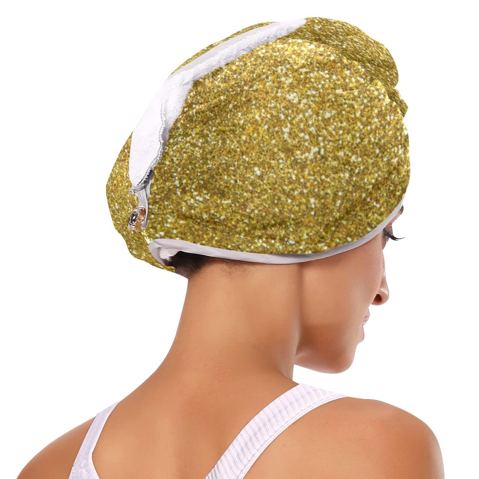 Poeticcity Golden Shiny Gold Glittering Background Yellow Holiday Tinsel 2 Packs Hair Towel Wrap, Absorbent Turban Bath Hair Towel Hat, Quick Drying Hair Towel with Button for Curly, Long, Thick Hair