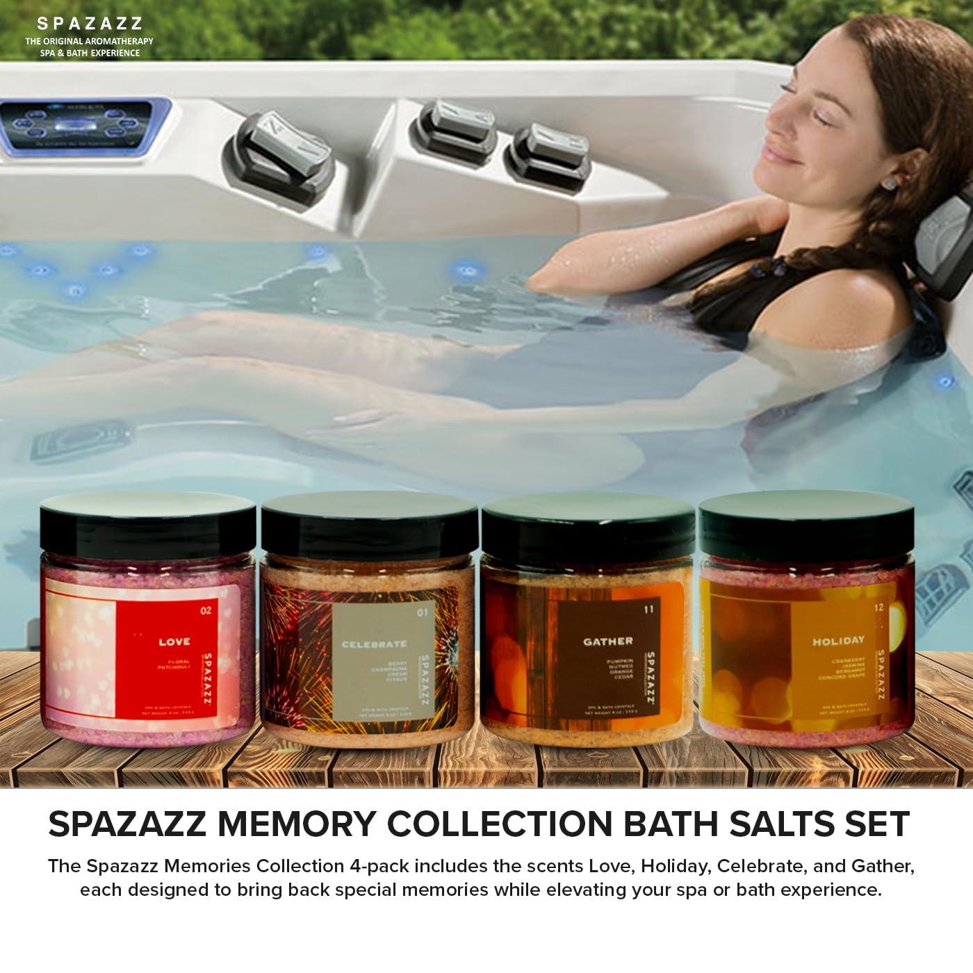 SPAZAZZ Spazazz Hot Tub Aromatherapy Memories Collection Bath Salts Set Four-4 Oz Pack - Love, Holiday, Celebrate, Gather - Spazazz Hot Tub Crystals and Bath Salts are Oil-Free & Safe for All Spas