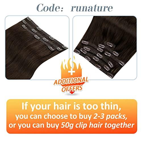 RUNATURE RUNATURE Dark Brown Clip in Hair Extensions Short 12 Inch Dark Brown Human Hair Clip in Extensions Full Head Brown Clip in Human Hair Extensions 80g 7pcs Straight Brunette Hair Extensions