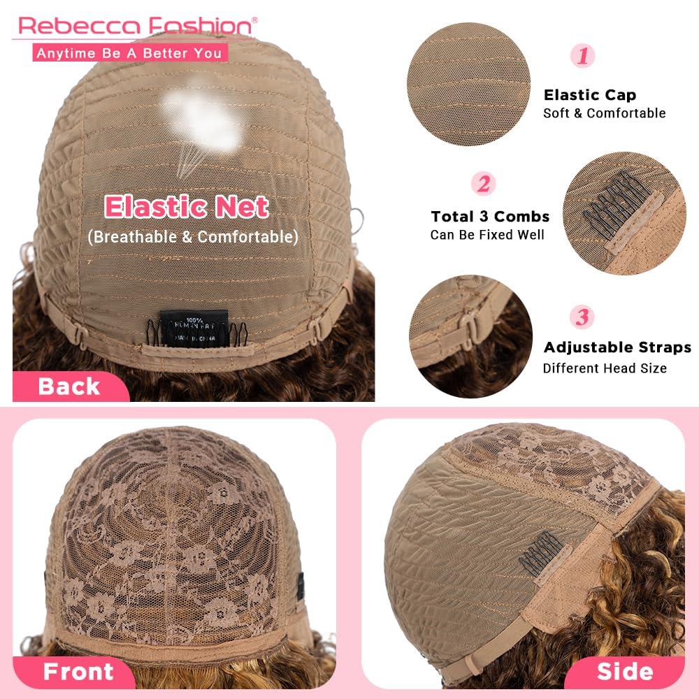 Rebecca Fashion Rebecca Fashion 8\" Highlight Brown Curly Wigs for Black Women Human Hair Short Curly Wigs with Bangs 10A Brazilian Virgin Human Hair 150% Density Wear and Go Glueless Wigs