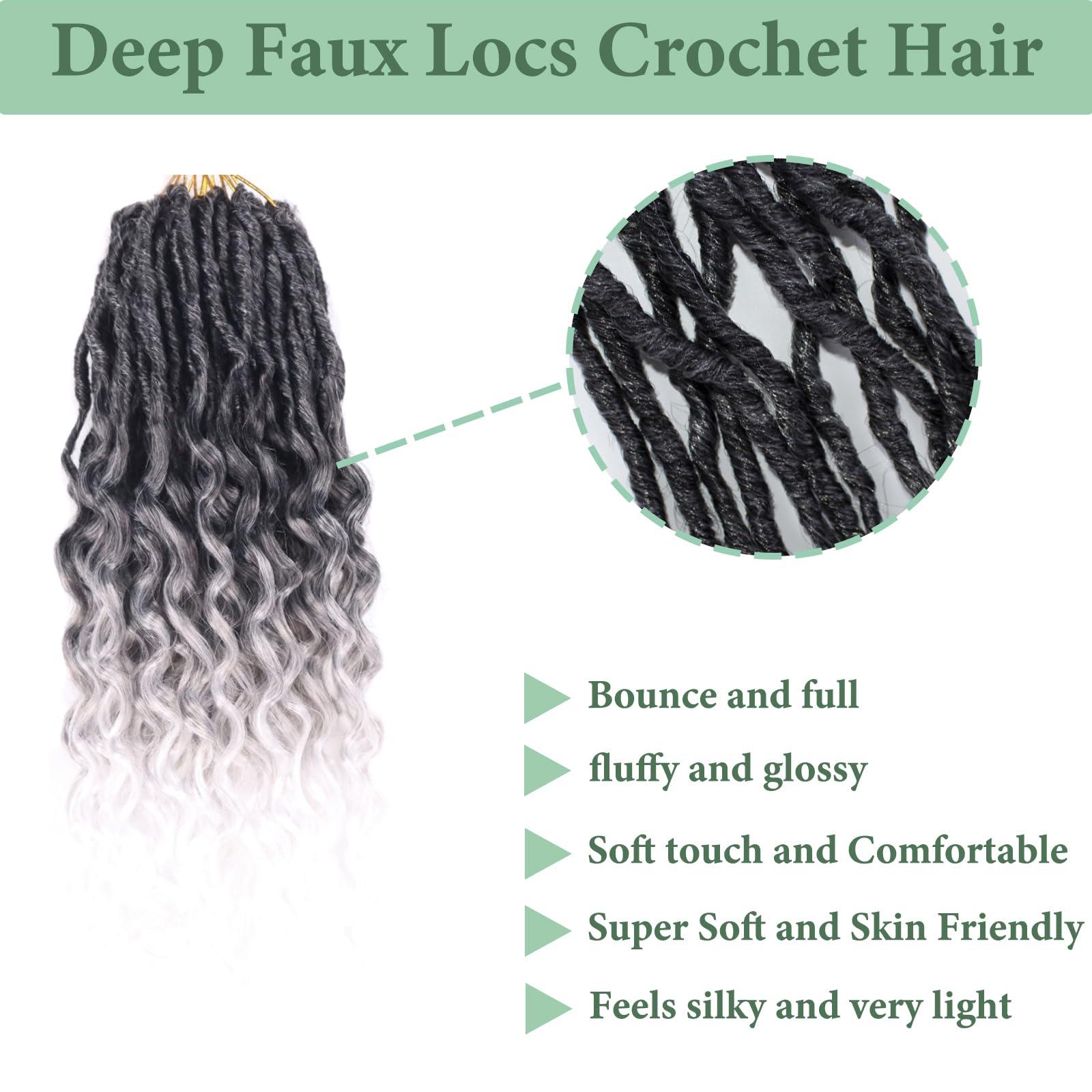 CUUKEA Deep Faux Locs Crochet Hair With Curly Ends 14 Inch Soft Locs Pre looped Goddess Locs Crochet Hair Deep Wave Crochet Braids for Women Locs Crochet Hair(Black to white)