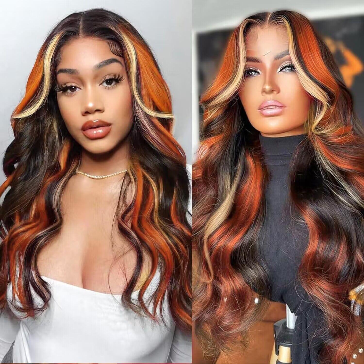 IHEREIN Black Ginger Blonde Highlight Wig Human Hair Lace Front Skunk Stripe Wig 13x4 Glueless Body Wave Lace Frontal Wig Pre Plucked For Women Black Highlights Honey Brown Ginger Wig 22 Inch 150% Density