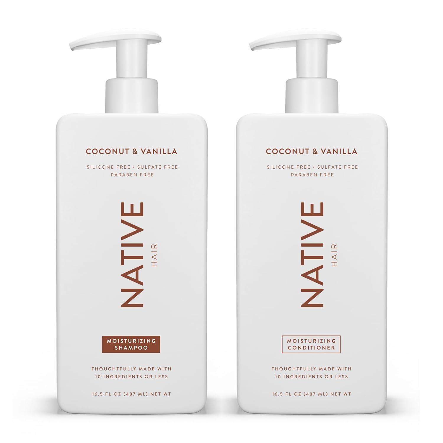 Native Native Shampoo and Conditioner Set | Sulfate, Paraben, and Dye Free, with Naturally Derived Clean Ingredients| 16.5 oz (Coconut & Vanilla, Moisturizing), 2, 1.3 ounces