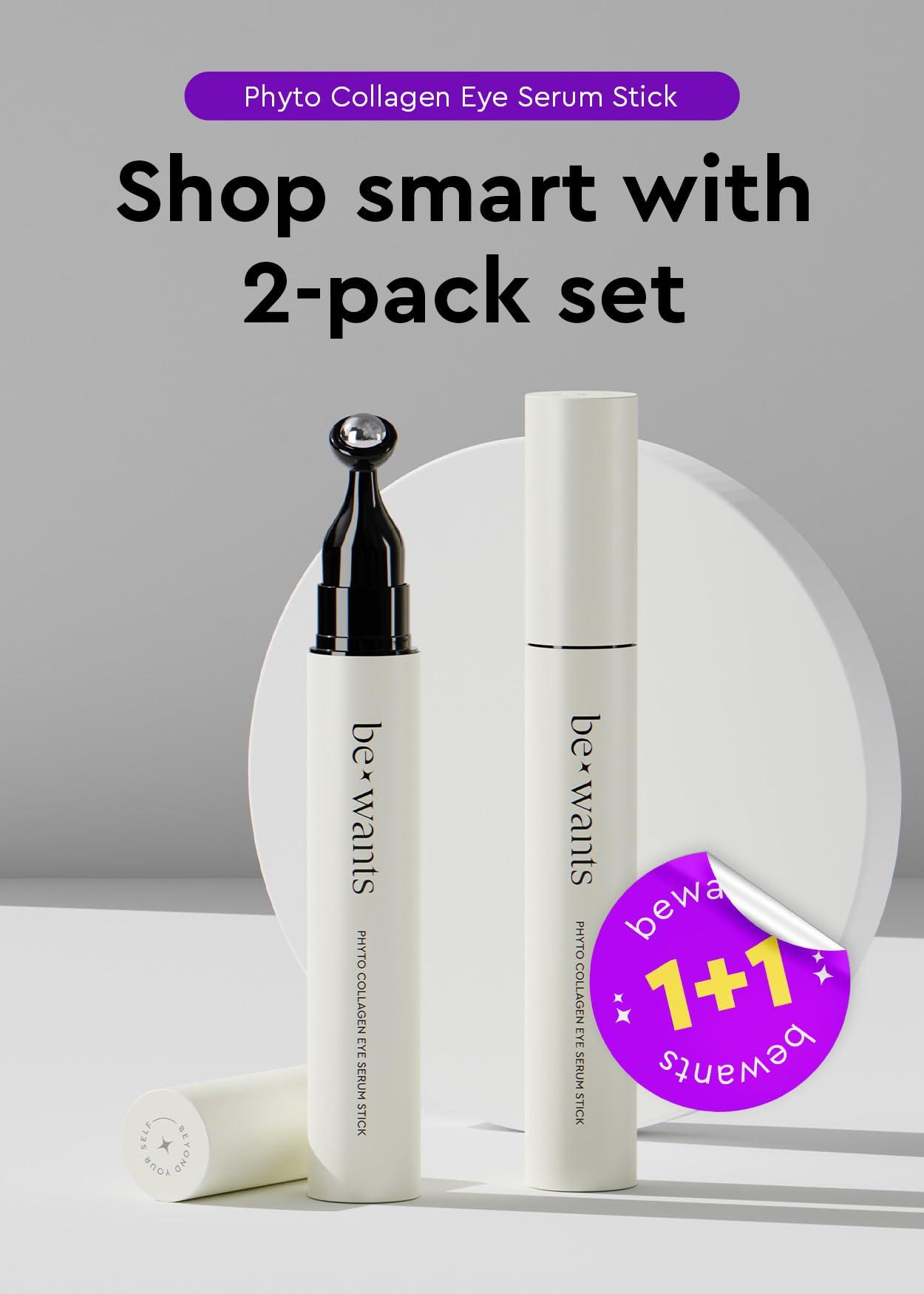 BE+WANTS Bewants Phyto Collagen Roll-On Eye Serum Stick with 61% bamboo water, 10% phytocollagen, refreshing under eye roll-on massage 2 pack, Ideal for Valentine\'s Day Gift