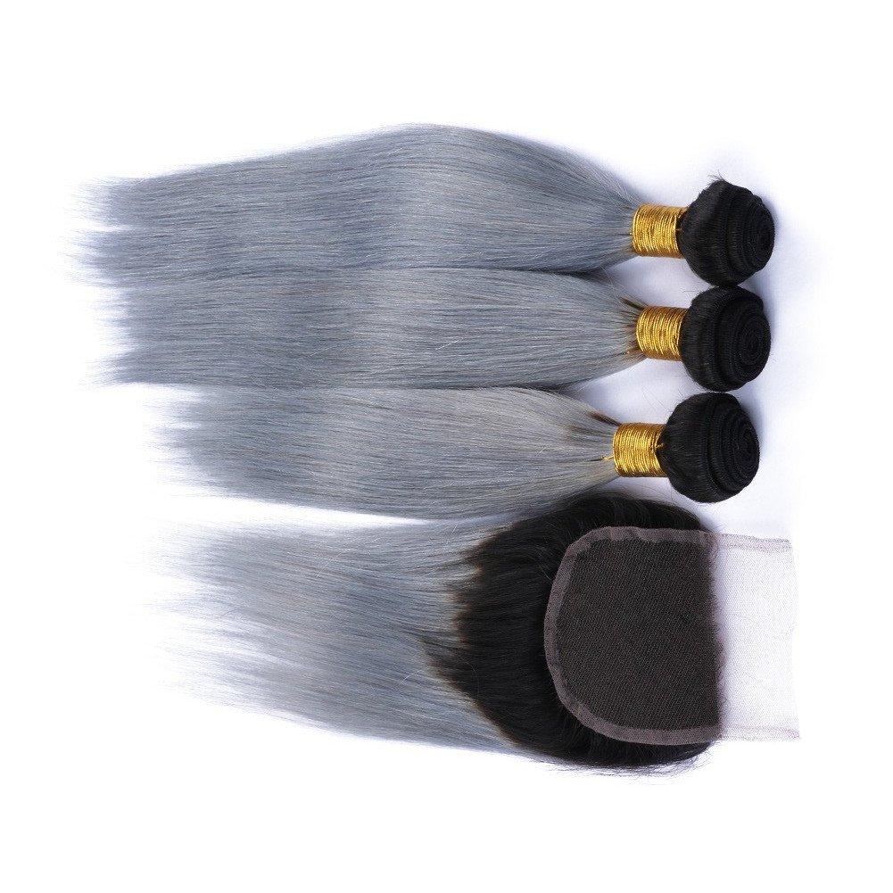 Tony beauty hair Tony Beauty Hair 8A Ombre Silver Grey Silky Straight With Closure 3 Bundles 100% Brazilian Virgin Human Hair #1B/Grey Dark Root Ombre And Freestyle Lace Closure(20" 20" 22" With 18")