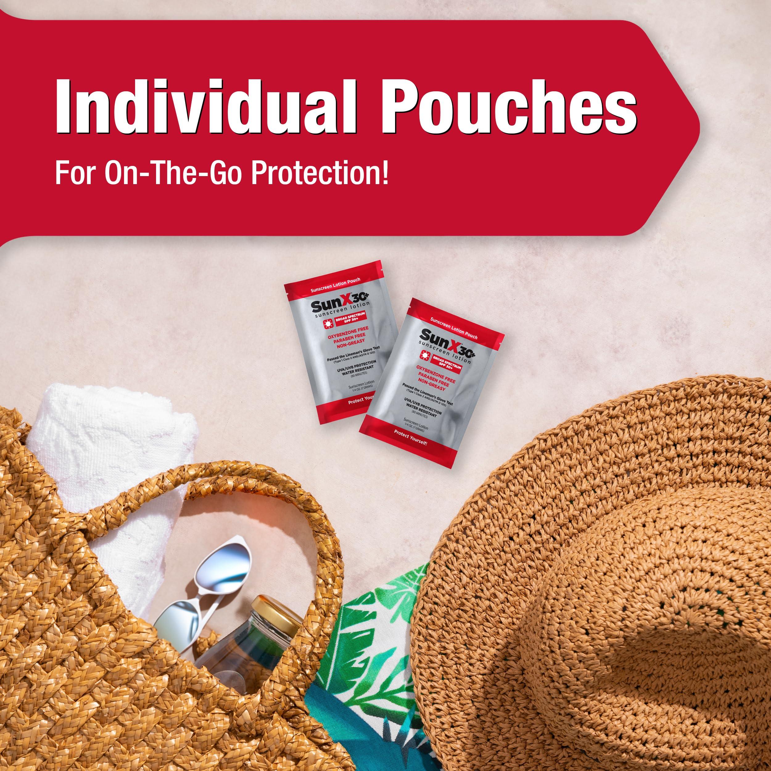 SUNX Sun X 30+ SPF Individual Sunscreen Packets Travel Size - Pack of 100 Paraben, Oxybenzone, & White Cast Free Broad Spectrum SPF Sunscreen Packets - Water & Sweat Resistant For Up To 80 Minutes