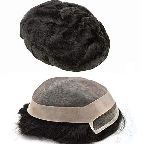 LHC HAIR LHC HAIR Fine Mono Mens Toupee 100% Black Indian Remy Human Hair Wigs Welded Mono Systems Lace Poly PU Hairpieces Custom Hand-Tie Units (10"*8", 1B# Off/Natural Black - 130% Medium Density)