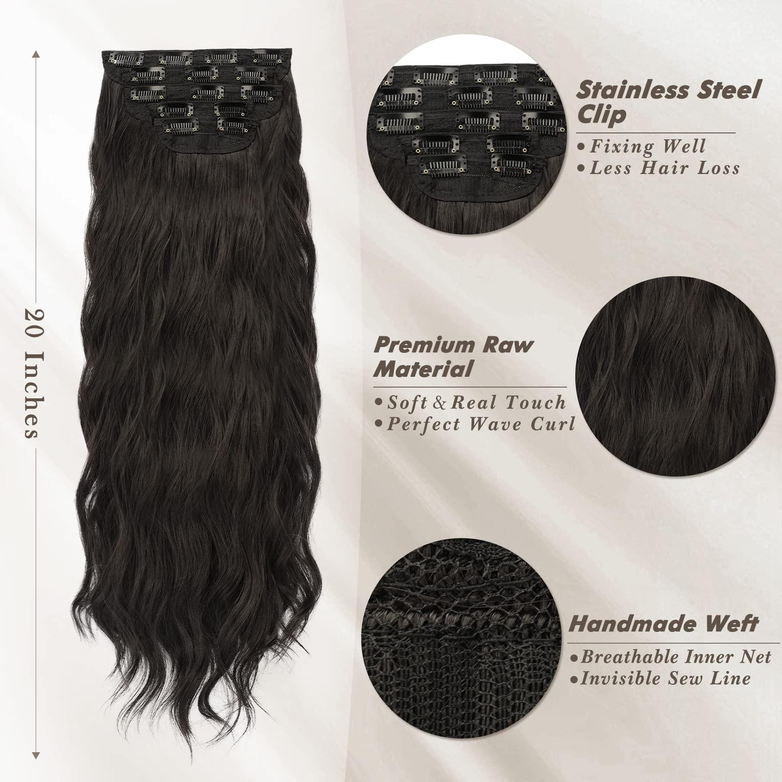 BARSDAR BARSDAR Black Brown Clip in Hair Extensions- 20 Inch Long Wavy Clip in Hair Extensions for Women - 5PCs Thick Soft Synthetic Clip in Hairpieces Daily Party Halloween - Black Brown