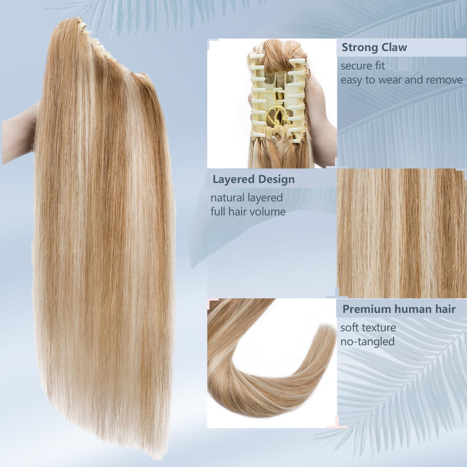 FUOTONBUTY Claw Clip Ponytail Extension 100% Real Remy Human Hairpiece Pony Tails Hair Extensions Long Straight Ponytail for Women (18 inch, Balayage Caramel Blonde to Bleach Blonde)