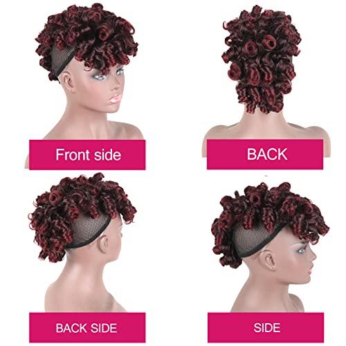 LEOSA LEOSA Red Mohawk Wig Deep Curl Mohawk Ponytail with Bangs for Black Women, Afro Faux Hawk Ponytail Clip in Hair Pieces for Women Clip on Faux Bangs (1B/BUG)