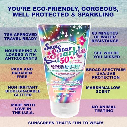 Sunshine & Glitter Seastar Sparkle - Cosmic Marshmallow Scented Glitter Sunscreen Lotion - SPF 50 - Biodegradable Sunscreen, Kids, Water Resistant, Glitter lotion, Cruelty Free, Kids Lotion, Made in USA, 3.4oz