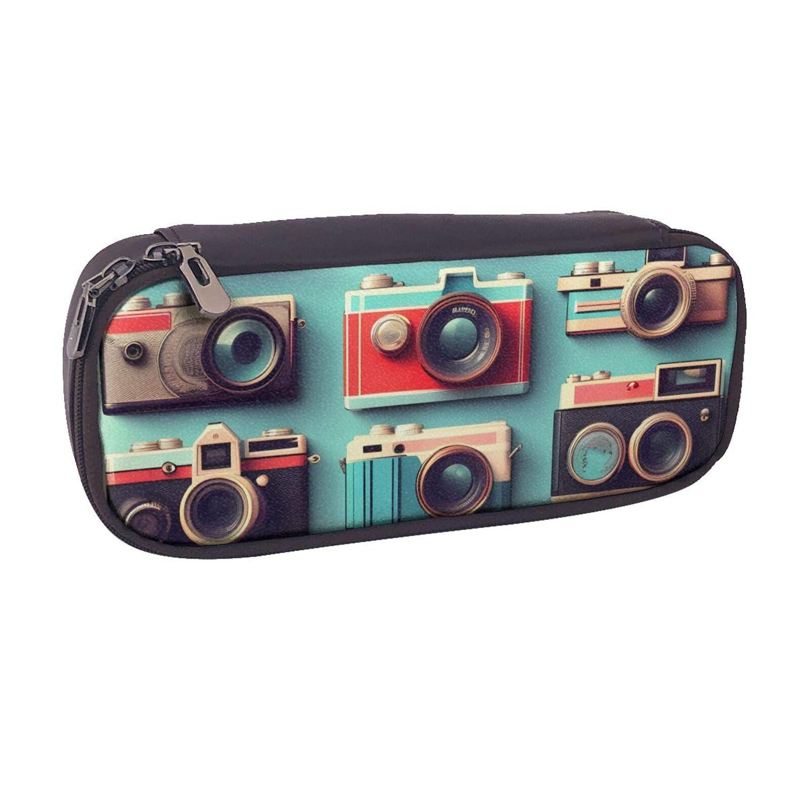 YHBLYKXP YHBLYKXP Retro Cool Camera Collection print Leather Flap Pencil Case,Toiletry Organizer,Zipper Coin Purse, Black
