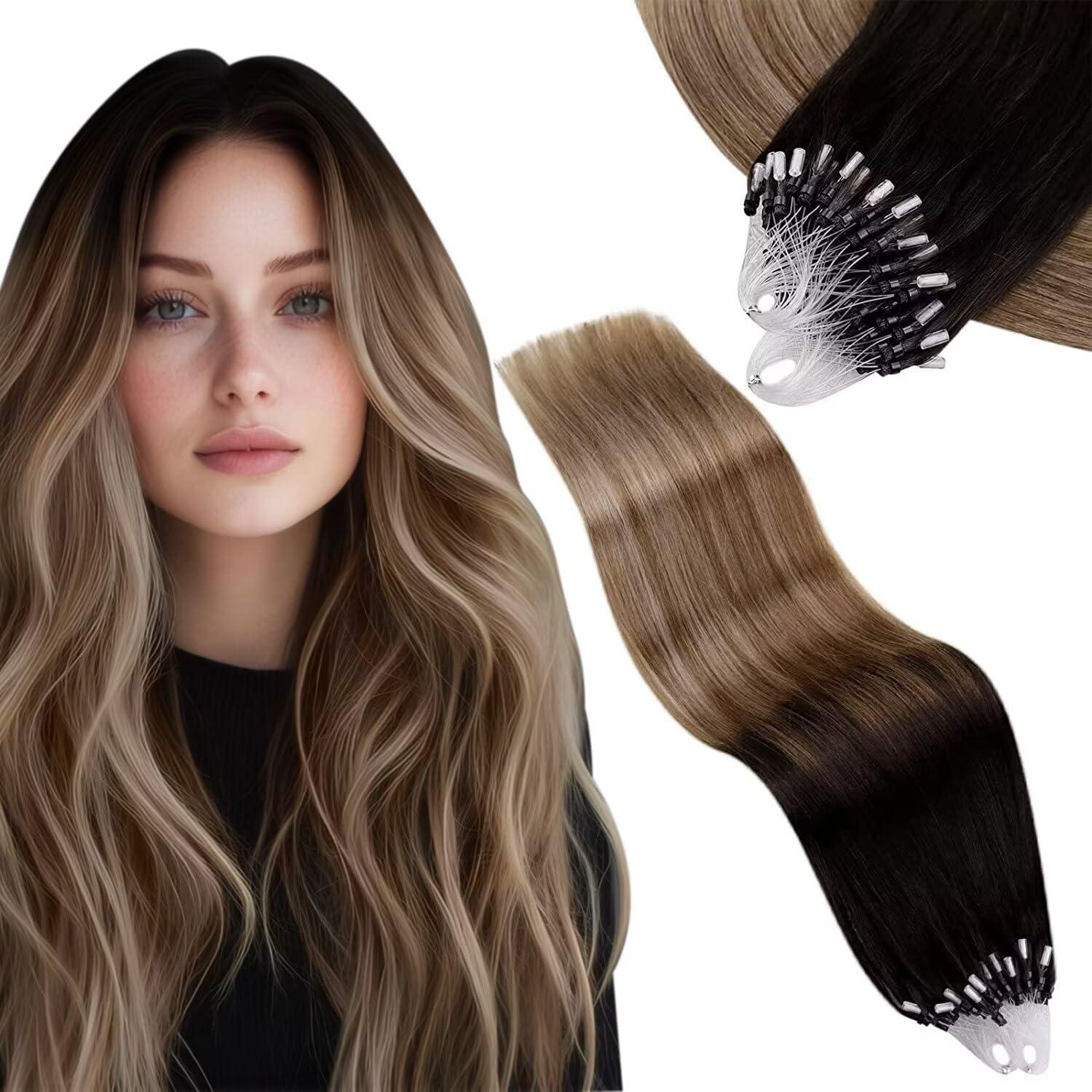 Vivien Vivien Micro Loop Hair Extensions Human Hair Ombre Micro Ring Hair Extensions Real Human Hair Natural Black to Brwon with Ash Blonde Micro Bead Human Hair Extensions 14 Inch 50G/50S