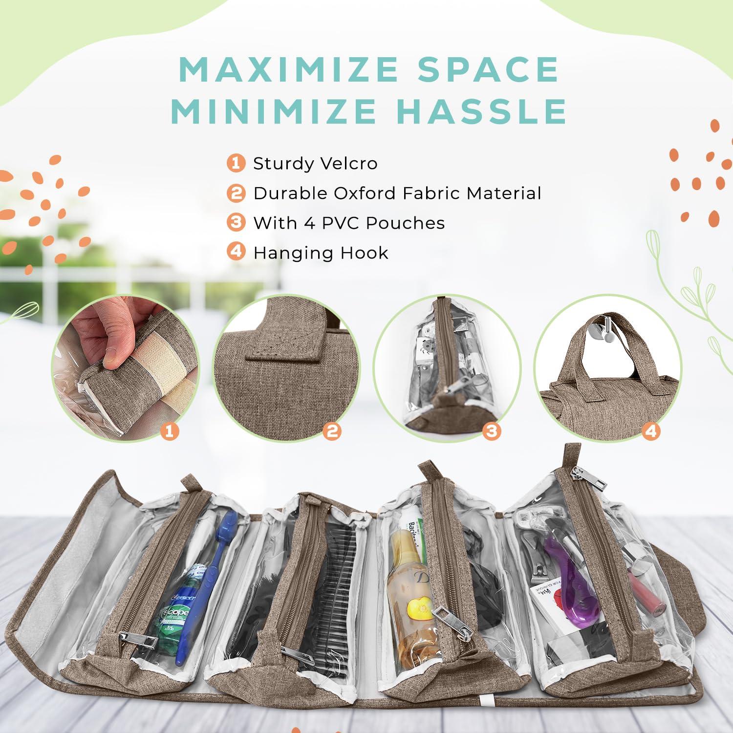 Ceshain 4-in-1 Hanging Toiletry bag - Roll-Up Makeup Bag - 4 Detachable PVC Zip Pouches 600D Oxford Fabric, Versatile Travel Toiletry Organizer Bag - Makeup, Cosmetics, First Aid, Medicine Personal Care,