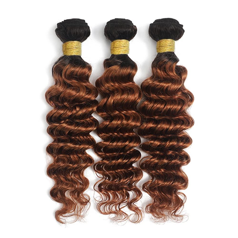 Seeuiegam Ombre 1b30 Deep Wave Human Hair 3 Bundles 24 26 28 Inch Tow Tone Black To Brown Brazilian Remy Hair Grade 8A Human Hair Weaves 3 Bundles Deep Wave Hair Bundles For Women